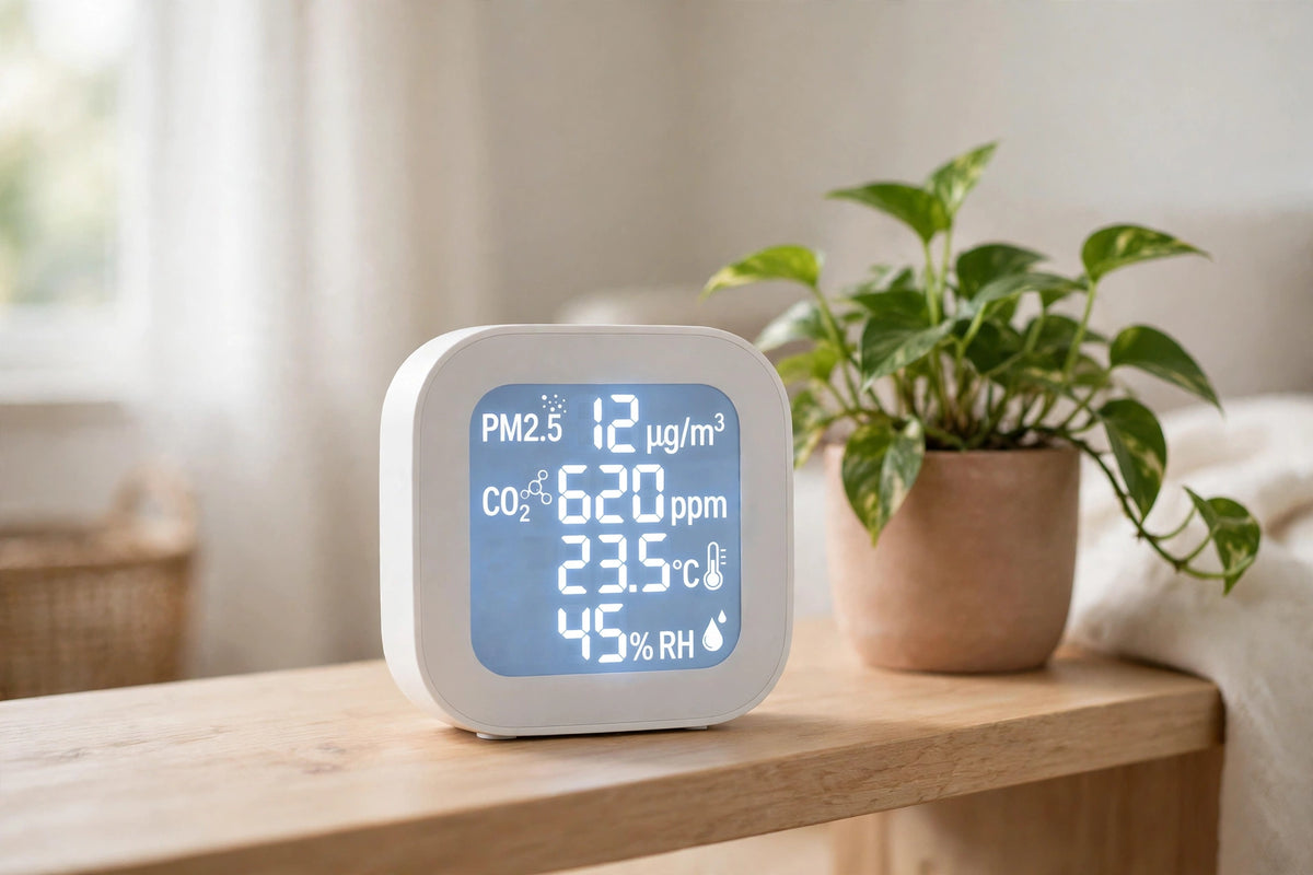 Indoor air quality monitor showing PM2.5, CO2, temperature and humidity