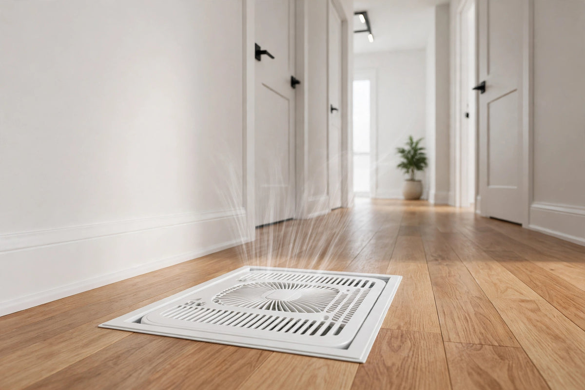 Register booster fan in a floor vent pushing air into a hallway
